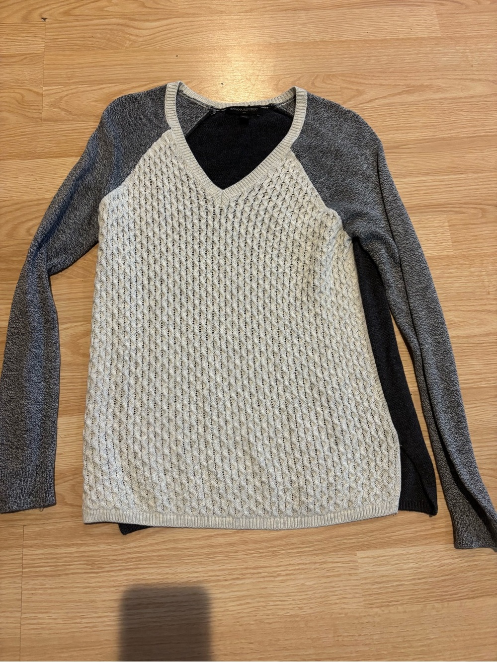Banana Republic Two-Tone V-Neck Cable Knit Sweater in Cream and Gray